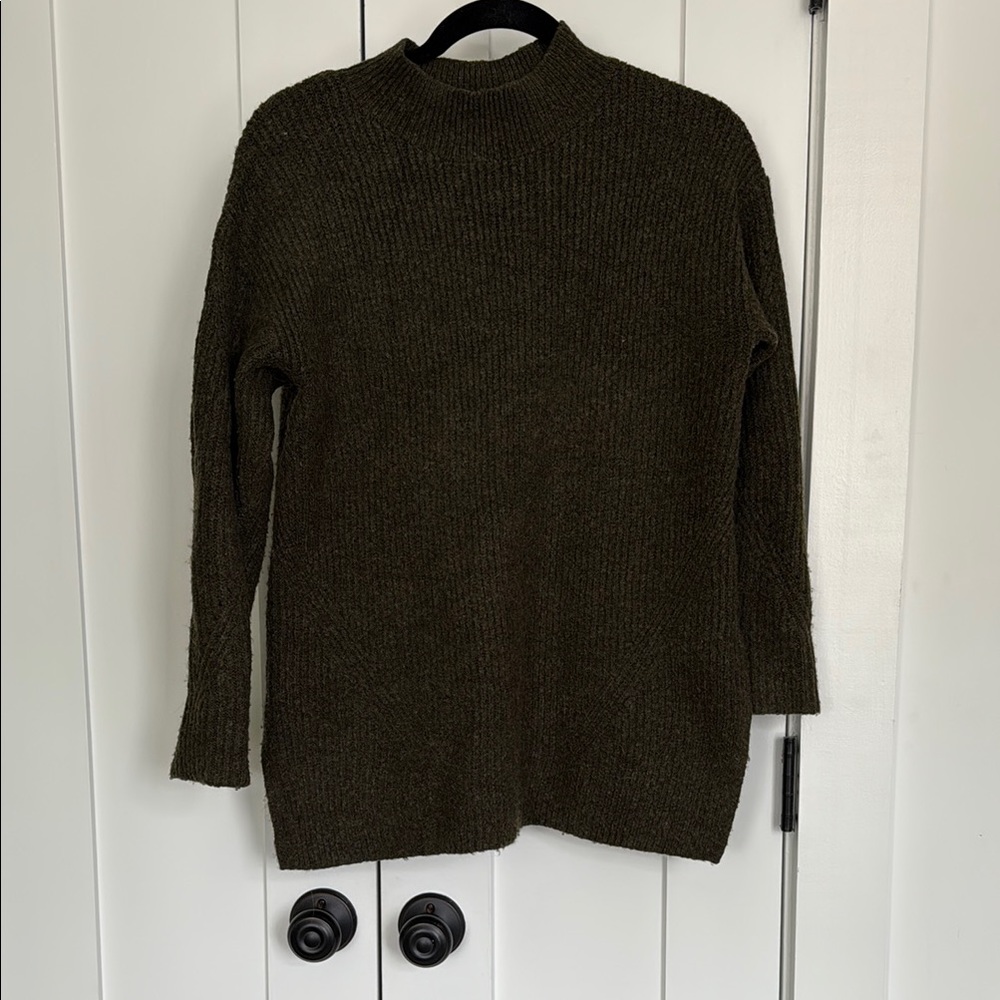 Olive mock Neck tunic Sweater with Relaxed Fit and Textured Finish